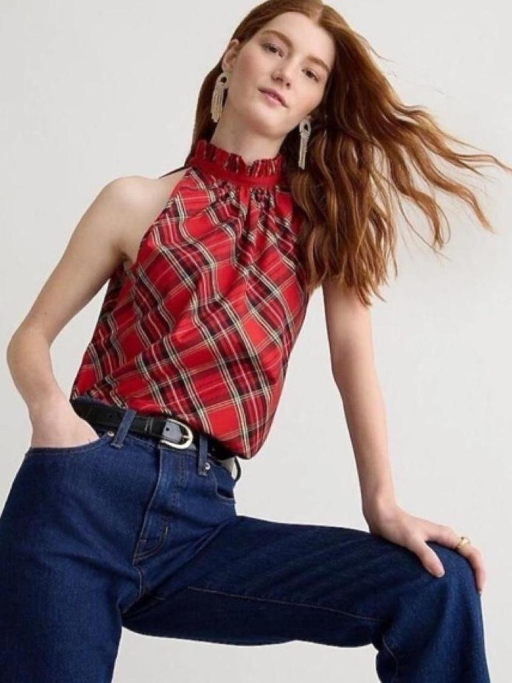J. Crew Red Plaid Ruffle Halter Top